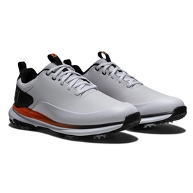 Footjoy men's golf shoes in white and black with orange accents, spiked sole, lace-up style, shown as a pair from a three-quarter angle.