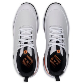 Footjoy mens golf shoes in white and black with orange logo detail, white laces and black sole, top-down view