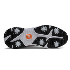 Footjoy men's golf shoe sole view, white and black outsole with metal spikes and orange branded insole detail.