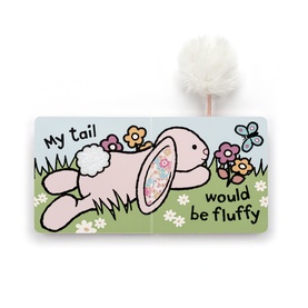 Jellycat children's book with fluffy bunny tail feature, reading "My tail would be fluffy", pastel pink and green illustrated cover
