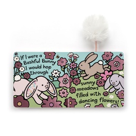 Jellycat If I Were a Bashful Bunny board book with fluffy pom-pom tail, illustrated with pink bunnies and flowers in pastel tones.