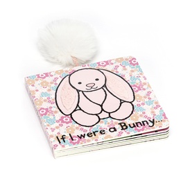 Jellycat If I Were a Bunny board book with pink bunny illustration, floral cover, and fluffy white pompom tail detail.