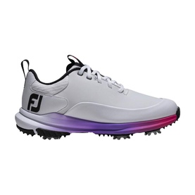 FootJoy women's golf shoes in white with purple-pink gradient and silver accents, black FJ branding, spiked rubber sole