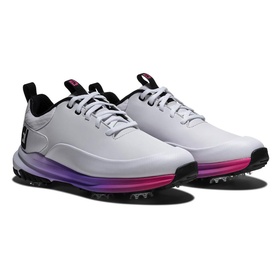 Footjoy women's golf shoes in white, silver and pink with purple-to-pink ombre midsole and spiked outsole
