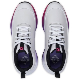 Footjoy women's golf shoes in white, silver and pink, overhead view showing laces, purple heel lining and branded insole