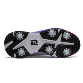 Footjoy women's golf shoe sole in white, silver and pink with black spiked outsole and branded heel insert