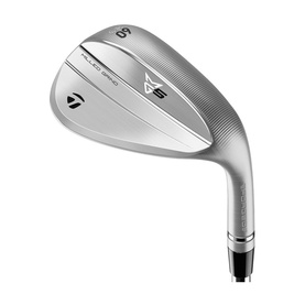 TaylorMade Milled Grind wedge in chrome finish, showing face grooves, branded sole, and dark graphite shaft