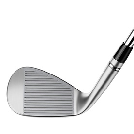 TaylorMade golf wedge in polished silver finish, showing grooved clubface and hosel detail against white background