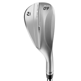 TaylorMade 60-degree wedge in satin chrome finish, featuring milled face grooves and stepped hosel, product shot on white background