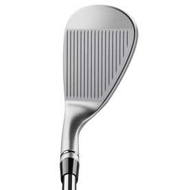 TaylorMade golf wedge in silver chrome finish, showing grooved club face and black shaft, rear view