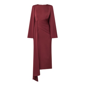 Maisonel Draped Pencil Dress in brick, round neckline, structured shoulders, long sleeves, midi length with gathered ruched drape detail