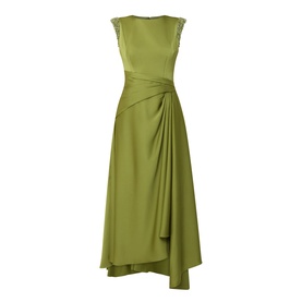 Maisonel Beaded Drape Dress in Meadow, midi length with cap sleeves, gathered waist, draped detail and asymmetric hemline