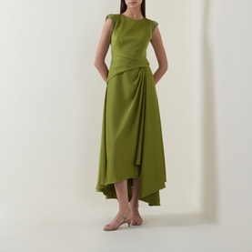 Model wearing Maisonel Beaded Drape Dress in Meadow, featuring cap sleeves, gathered waist, draped detail and asymmetric hemline, styled with nude