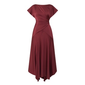 Maisonel Gathered Scarf Dress in brick, round neckline, short sleeves, midi length with asymmetric hemline and gathered waist detail.