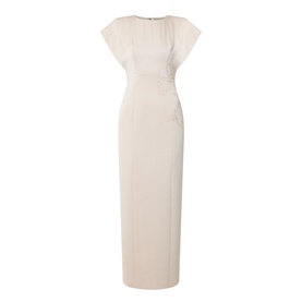 Maisonel Floral Embellished Pencil Dress in latte, round neckline, short sleeves, midi length, smooth fluid fabric with floral beaded embellishment