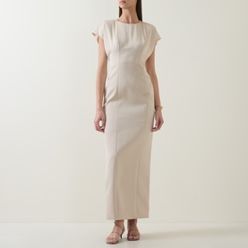 Model wearing Maisonel Floral Embellished Pencil Dress in Latte, midi length, round neckline, short sleeves, styled with nude strappy sandals.