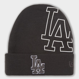 New Era grey beanie hat with oversized LA Dodgers logo on crown and smaller logo on cuff, white outline detailing
