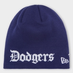 New Era blue acrylic knit beanie with white Dodgers Old English lettering and New Era flag logo
