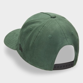 New Era dark green polyester cap, rear view showing adjustable snapback closure and small logo tab.