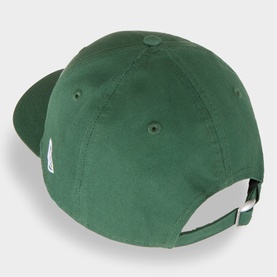 New Era cap in green polyester, rear view showing adjustable strap and small logo tab, curved peak