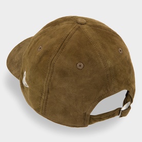 New Era brown suede leather baseball cap, rear view showing adjustable strap and embroidered logo detail