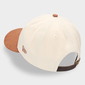 New Era tan cotton baseball cap, cream crown with brown suede-effect peak and adjustable back strap, rear view