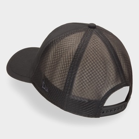 New Era black cotton trucker cap, rear view showing mesh back panel and adjustable snapback closure