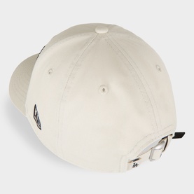 New Era beige baseball cap, rear view showing adjustable strap closure and small logo badge, cotton-polyester blend