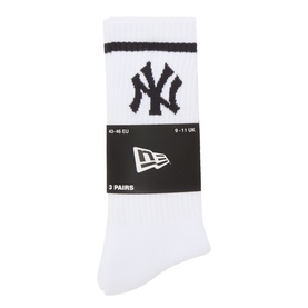 New Era NY Yankees crew socks in white with black NY logo and stripe detail, sold as 3 pairs