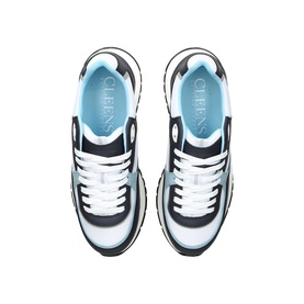 Cleens blue and white chunky trainers, overhead view showing panelled upper, light blue tongue and white rubber sole.
