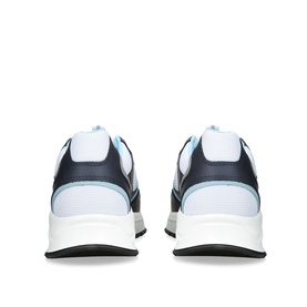 Cleens blue and white trainers, rear view, navy heel counter, light blue ankle collar, thick white sole
