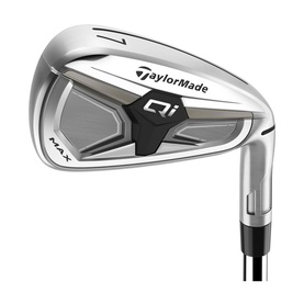 TaylorMade Qi Max set of irons in silver with black and grey face detail, featuring graphite shaft