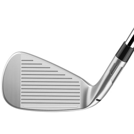 Polished silver golf iron with grooved face, shown in profile against white background, black grip visible at top