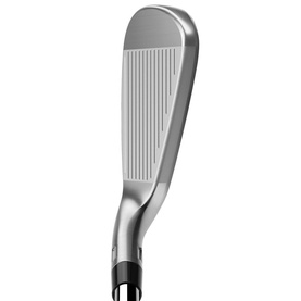 Silver golf iron club head shown in profile, with grooved face, sleek cavity back design and short black hosel visible.