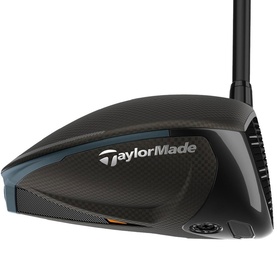TaylorMade golf driver head in black carbon fibre finish, shown from front angle with branded crown detail and hosel