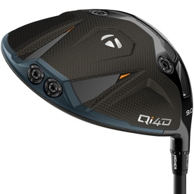 TaylorMade Qi4D golf driver in black with carbon crown, orange accents, adjustable sole weights and 9.0&deg; loft marking