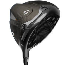 TaylorMade Qi10 golf driver in matte black, 9.0 loft, with carbon crown and hosel detail, shot against white background