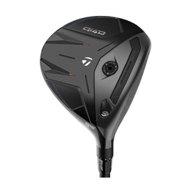 TaylorMade Qi4D fairway wood in matte black with carbon crown, hosel adjustment port, and dark graphite shaft