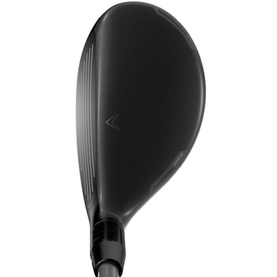 Callaway rescue hybrid golf club in matte black finish, shown from rear angle highlighting crown and hosel detail