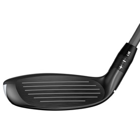 Callaway rescue club in matte black finish, showing grooved face and shaft with loft markings, angled sole view