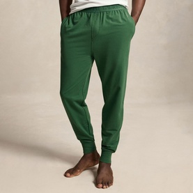 Model wearing Ralph Lauren Verano Green jogger bottoms with elasticated waist, ribbed cuffs, and side pockets
