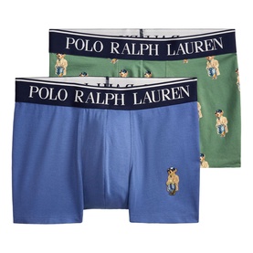 Polo Ralph Lauren 2-pack boxer briefs in blue and green with navy logo waistband and Polo Bear print detail