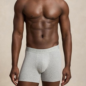 Model wearing Polo Ralph Lauren grey marl boxer briefs with branded elasticated waistband