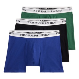 Polo Ralph Lauren 3-pack boxer briefs in blue, black, and green with white logo waistbands, laid flat in a stacked arrangement.