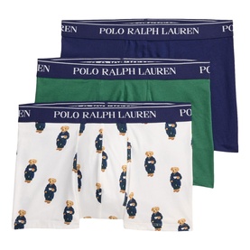 Ralph Lauren Boxers 3Pk in navy, green, and white with Polo Bear print, branded elasticated waistbands