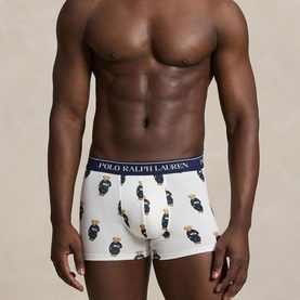Model wearing Ralph Lauren Boxers 3Pk in white with all-over Polo Bear print and navy branded waistband.