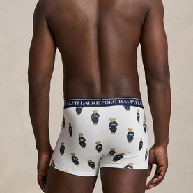 Model wearing Ralph Lauren Boxers 3Pk in white with allover Polo Bear print and navy branded waistband, back view.