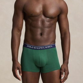 Model wearing Ralph Lauren Boxers 3Pk in green with navy logo waistband, part of Newport Navy, Verano Green and White 3-pack