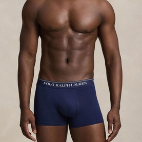 Model wearing Ralph Lauren Polo Boxers 3-Pack in navy, with branded white elastic waistband visible.