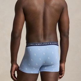 Model wearing Ralph Lauren Boxers Multi Pack in light blue with allover pony logo print and navy branded waistband, rear view.